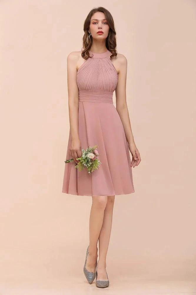 Dusty Pink Knee Length Bridesmaid Dress Halter Chiffon Maid of Honor Dress (ZD12992)
