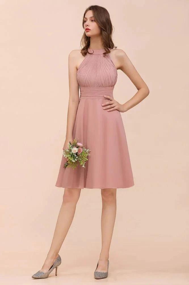 Dusty Pink Knee Length Bridesmaid Dress Halter Chiffon Maid of Honor Dress (ZD12992)
