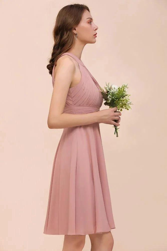 Dusty Pink Knee Length Bridesmaid Dress Halter Chiffon Maid of Honor Dress (ZD12992)