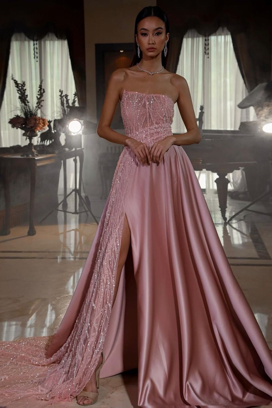 Dusty Pink Strapless Sequins Evening Dress Long Slit