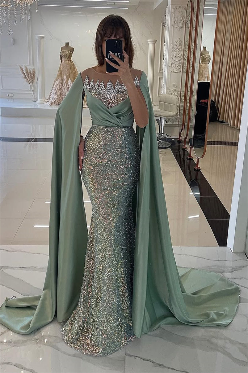 Dusty Sage Cape Mermaid Sequin Floor length Silver Beaded Evening Dresses