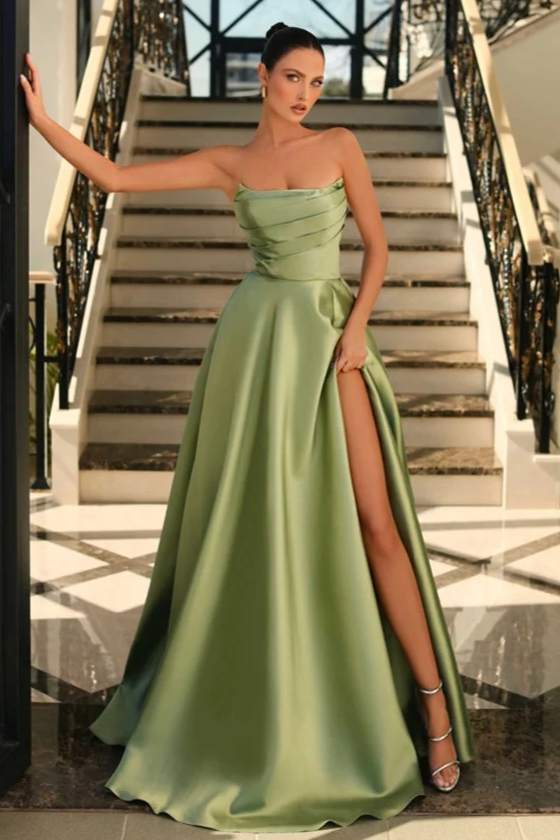 Dusty Sage Strapless Sleeveless Silk like satin A-Line High Split Prom Dresses