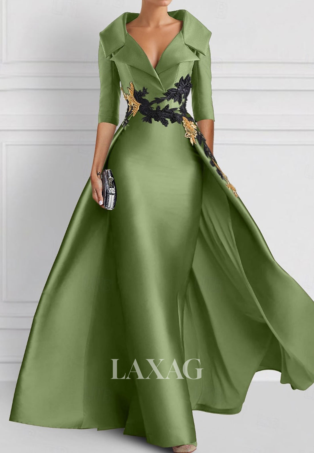 V-Neck Half-Sleeves Embroidered Party Gowns Plated Foor-Length Satin Mermaid Wedding Guest Dress