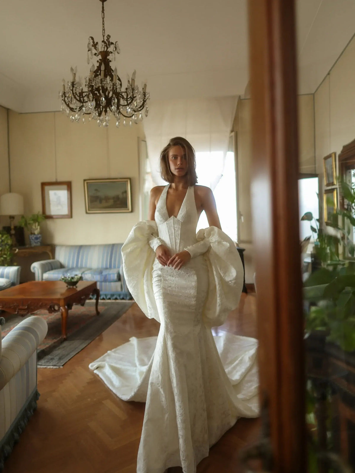 Elegant Ivory Halter Neck Puff Sleeve Mermaid Wedding Dress with Train ZP116