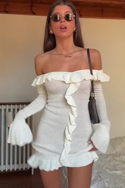 Ruffled Off-Shoulder Chic Bodycon Mini Sweater Dress - View 2 | VelvetHem