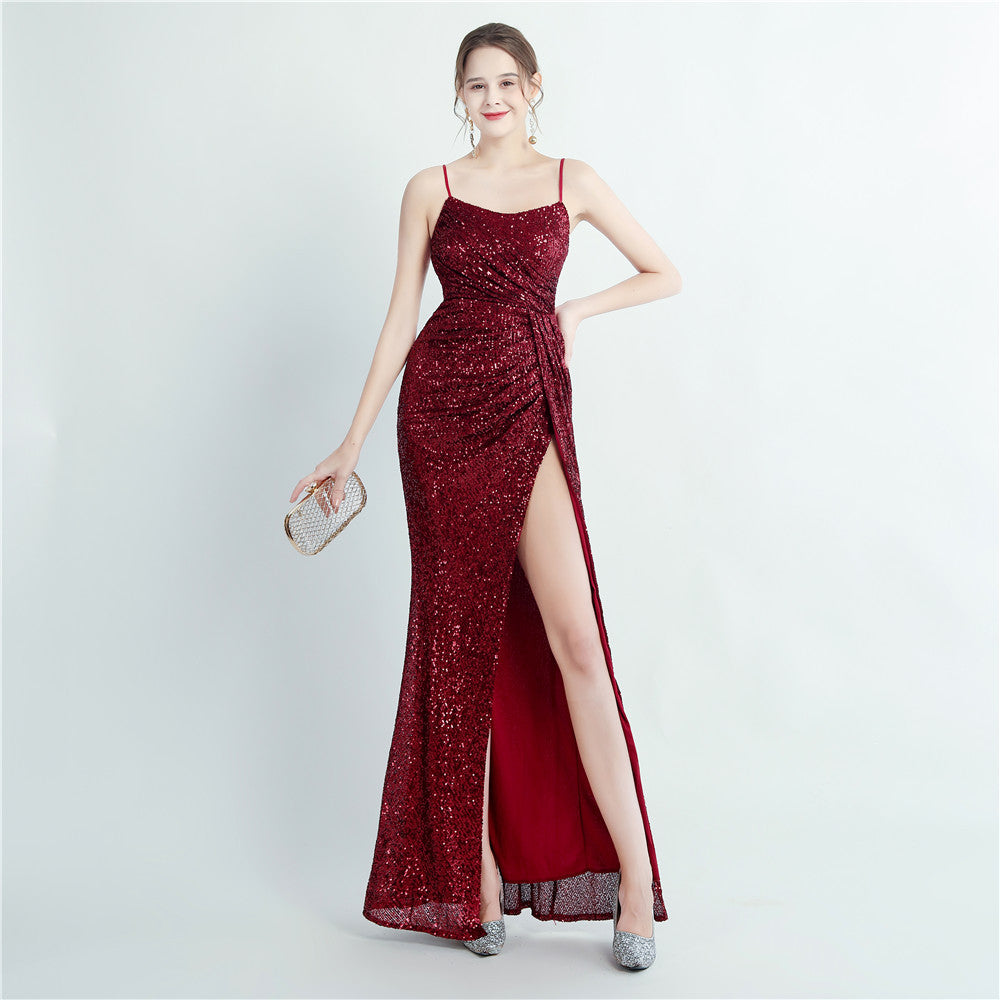 High Density Sequin Pleated Side Slit Sling Long Evening Dress - View 10 | VelvetHem