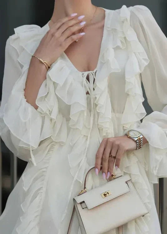 Ruffled V Neck Long Sleeve A Line Dress
