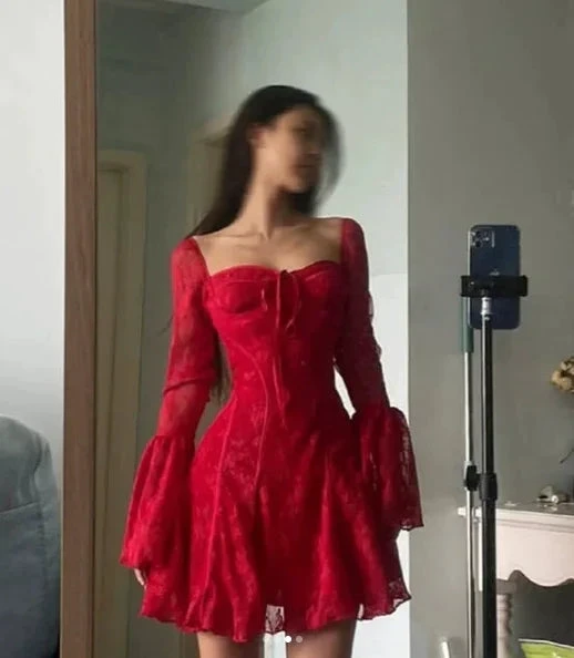 Sexy Red Lace Trumpet Sleeves Homecoming Dress Party Dress (ZD11382)