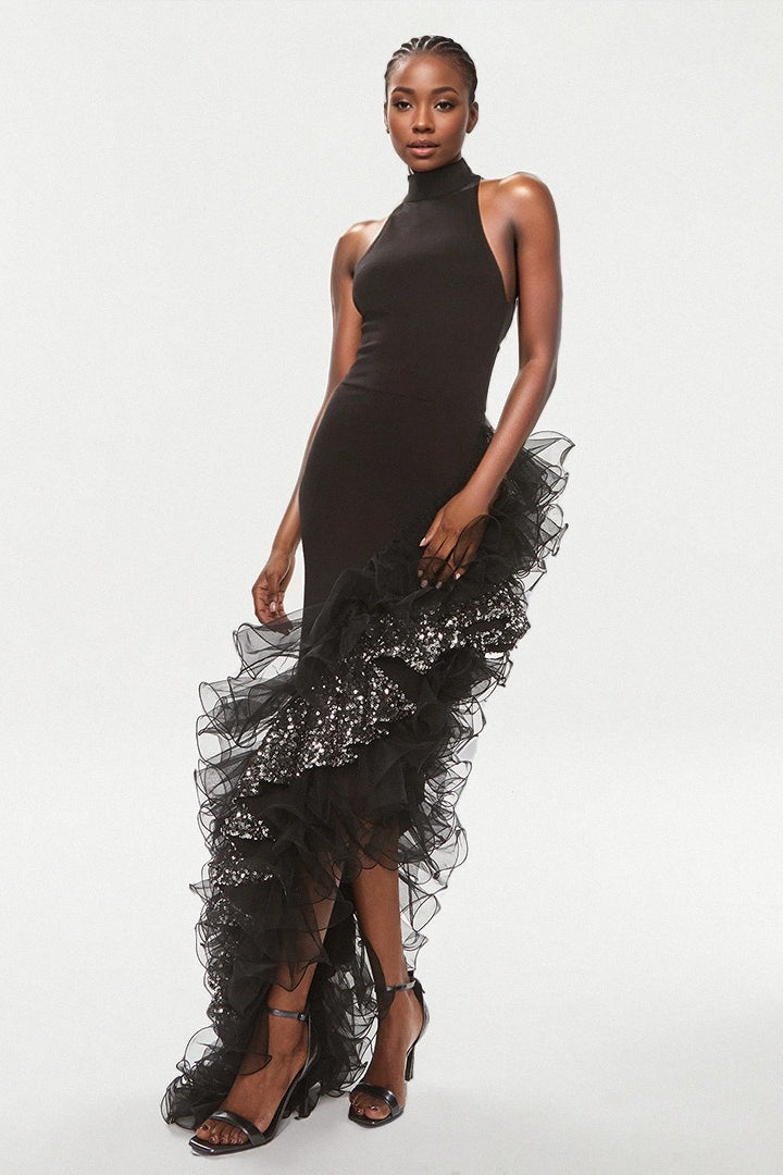 Black Ruffled Mesh Dress with Relaxed Fit and Boutique Fashion Look