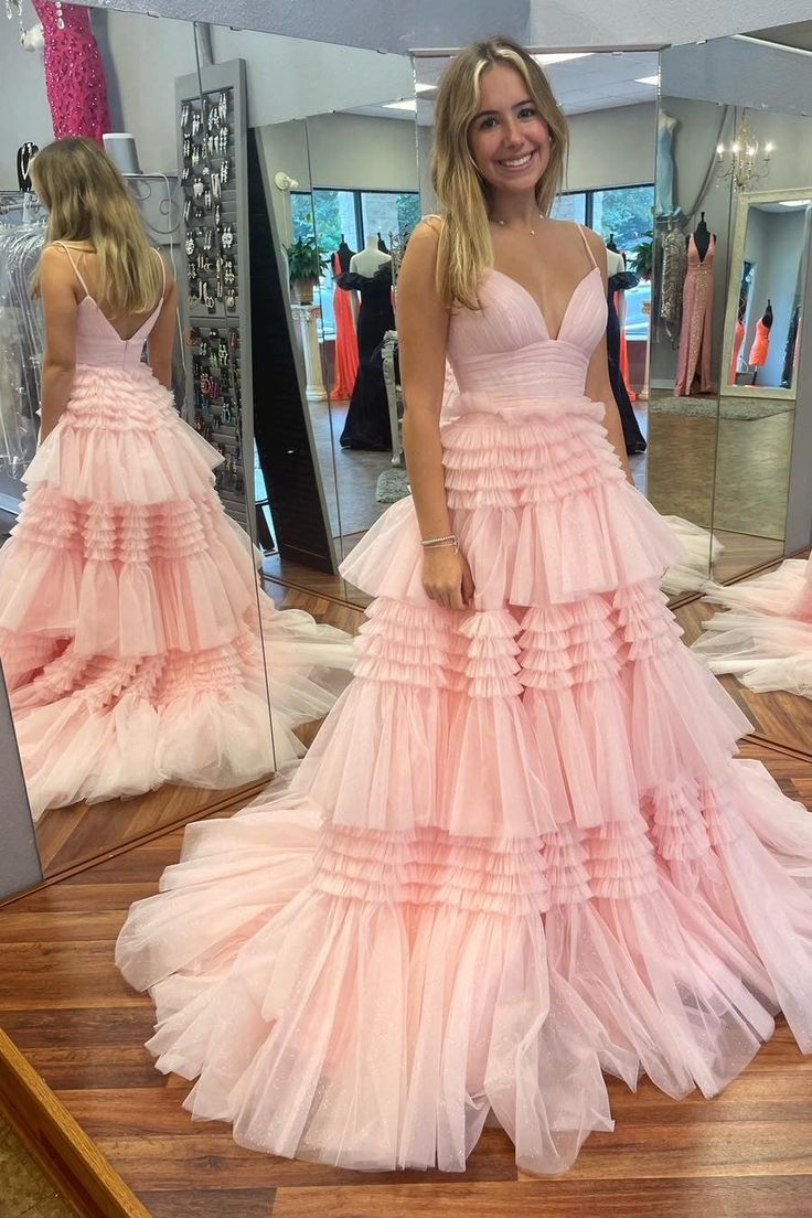 V Neck Layers Tulle Long Ball Gown,A Line Spaghetti Strap Evening Dresses