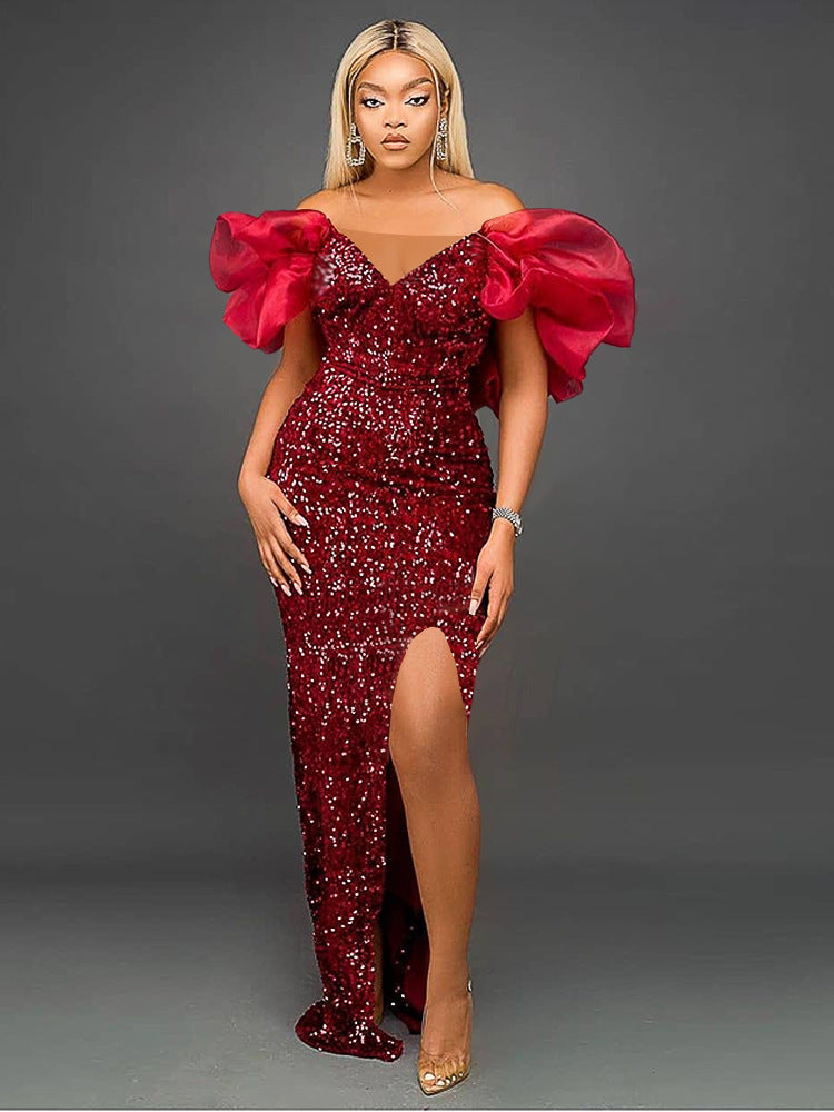 Sexy Ruffles V-neck Elegant Sequ High-End Maxi Dress Ladies Banquet Evening Dress Women Party Dre - View 6 | VelvetHem