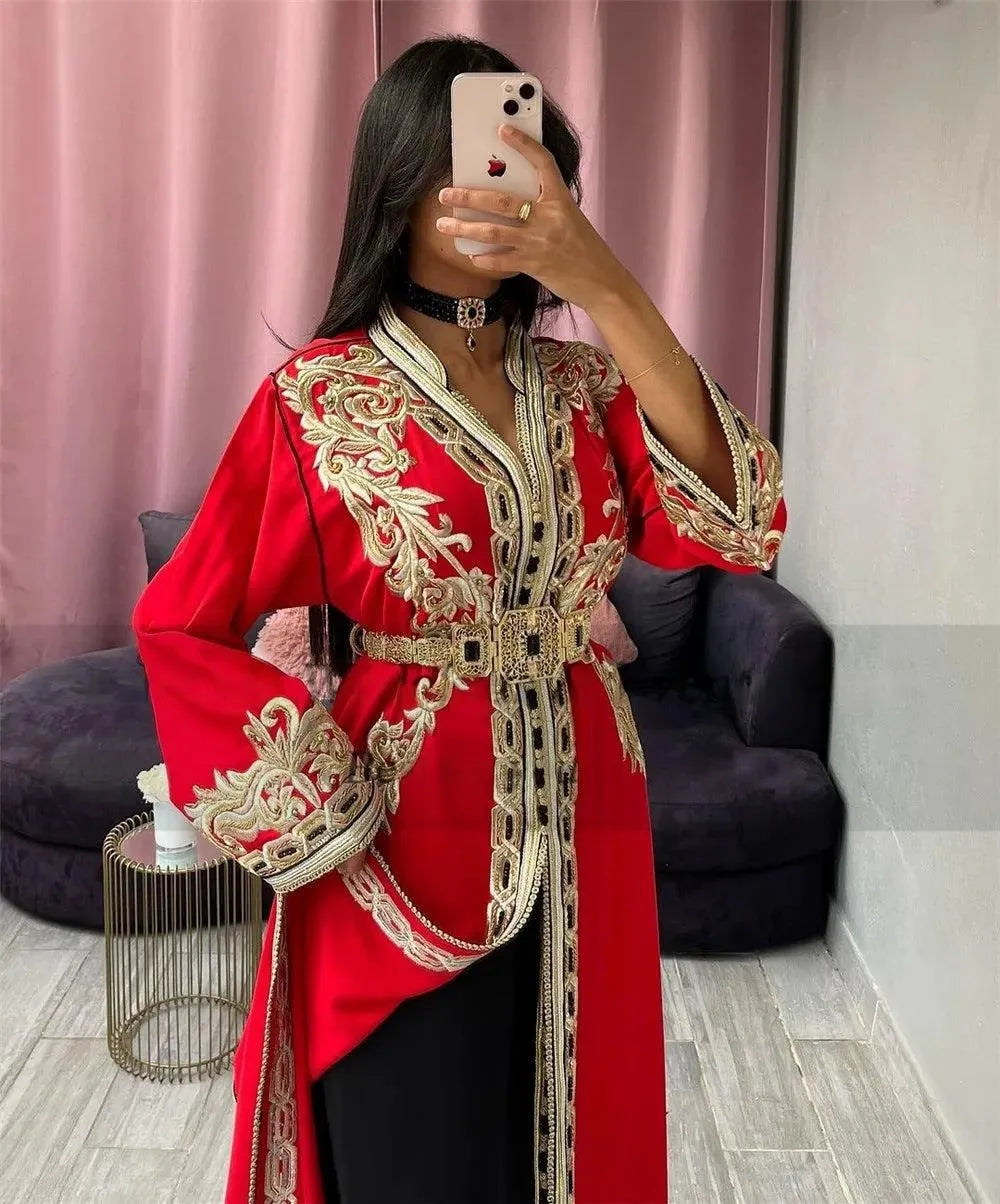 Elegant Arabic Mermaid Evening Dress V-Neck Lace Appliques Prom Gown High Mid Slit Floor Length Algerian Outfit