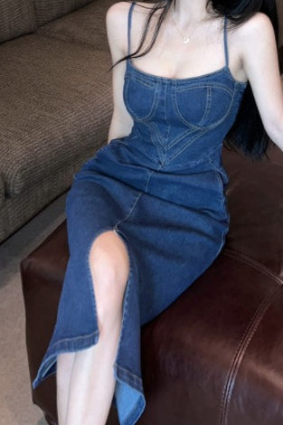 Retro Split Maxi Denim Dress - View 3 | VelvetHem