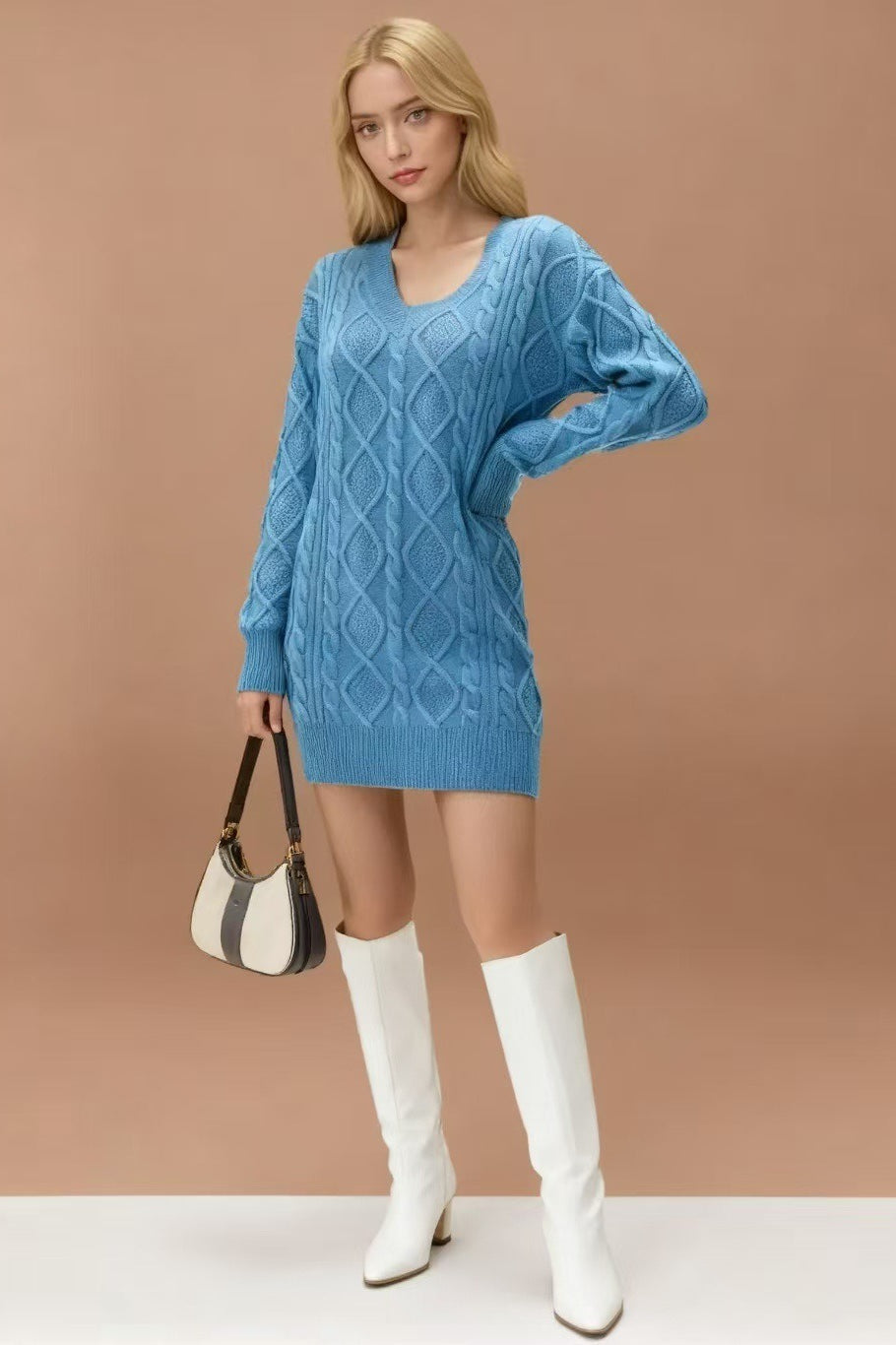 V Neck Cable Knit Work Dress - VelvetHem