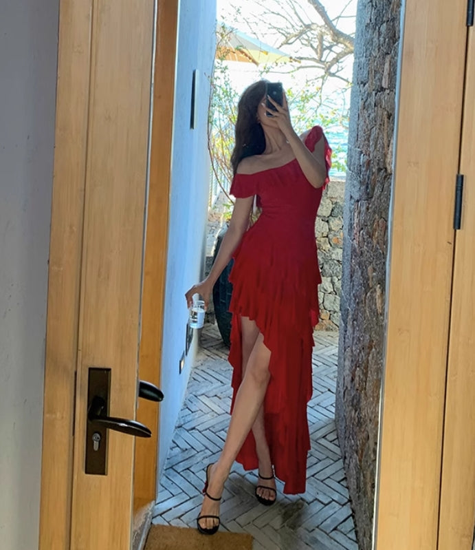 Off The Shoulder Red Long Prom Dress Ruffle Evening Dress J8609