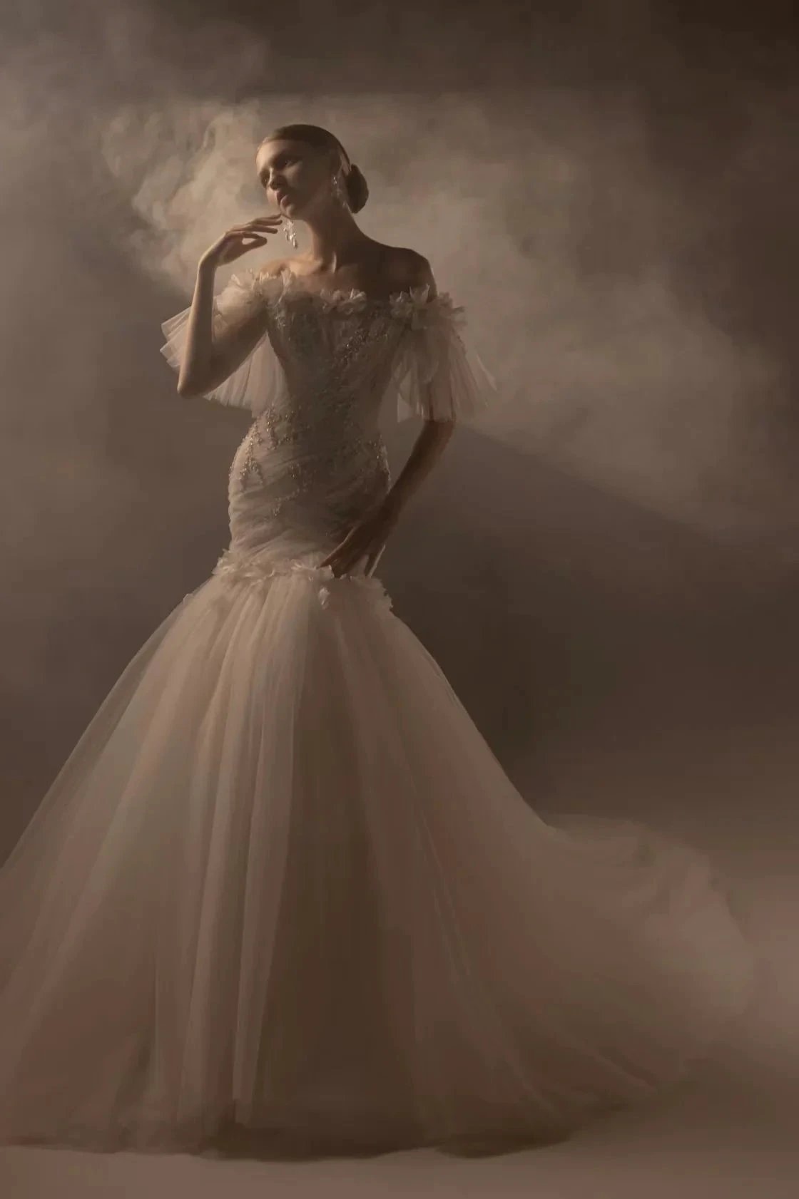 Ethereal Mermaid Off-the-Shoulder Tulle Wedding Dress with Beaded Embroidery & 3D Floral Accents (ZD16913)