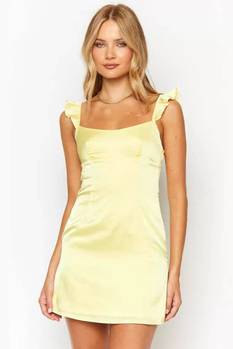 Solid Satin Ruffled Strap Sleeveless Mini Silk Dress - VelvetHem