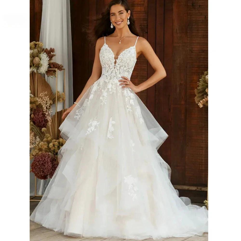 Boho Elegant Wedding Dress For Women V-Neck A-Line Tiered Lace Appliques Backless Bridal Gowns Vestidos De Novia by payinti