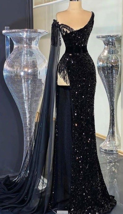 Gorgeous Black Sequins Beaded Slit Mermaid Prom Dress Evening Gown