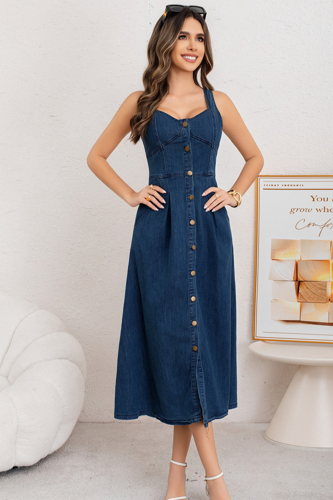 Washed Button Front Cami Denim Dress - View 8 | VelvetHem