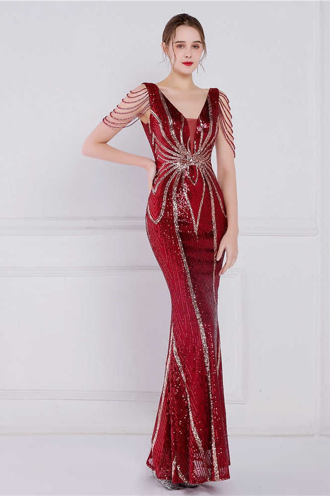 Beaded Floral Sequin Mermaid Party Dress Red / S