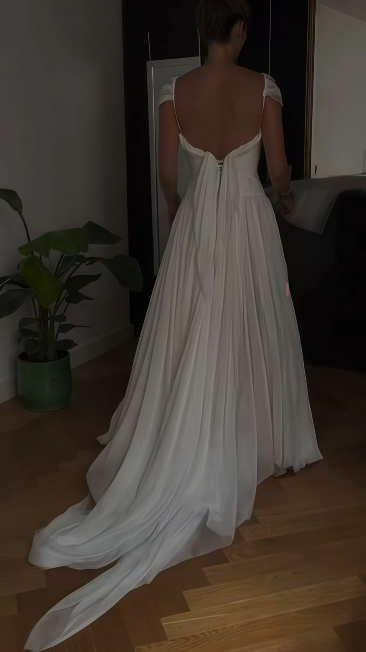 White Pleated Wedding Dress Evening Party Dress Chiffon Bridal Gown