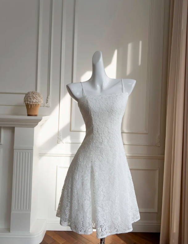 Classy White Spaghetti Straps Lace A-Line Homecoming Dress,Mini Party Dress - FashionDia