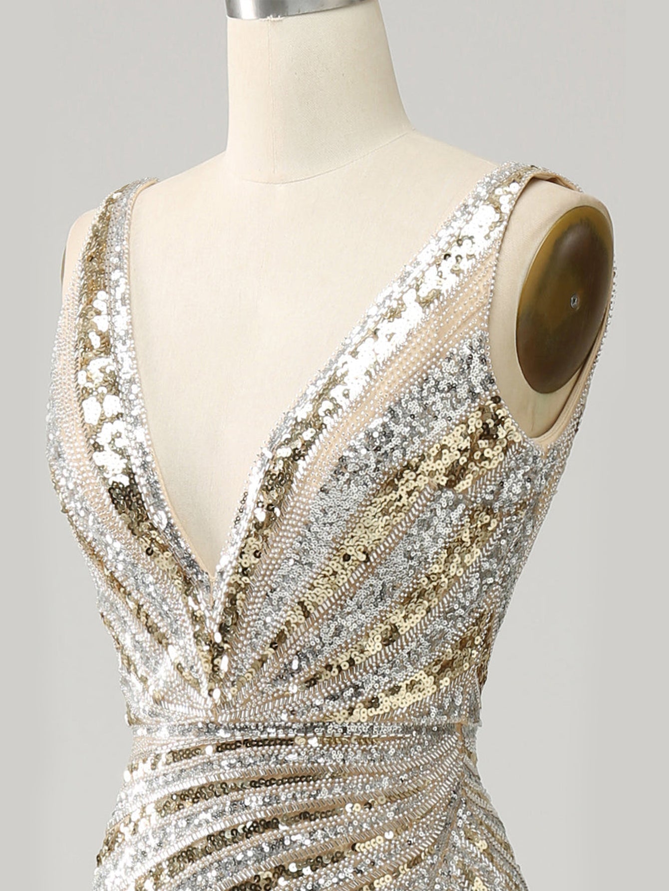 Golden Deep V Neck Stripes Sleeveless Long Prom Dress with Slit - Fashionpara