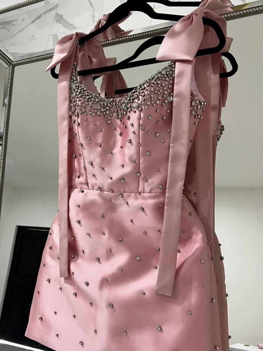 Pink Square Neck Satin Short Strapless Homecoming Dress With Bows