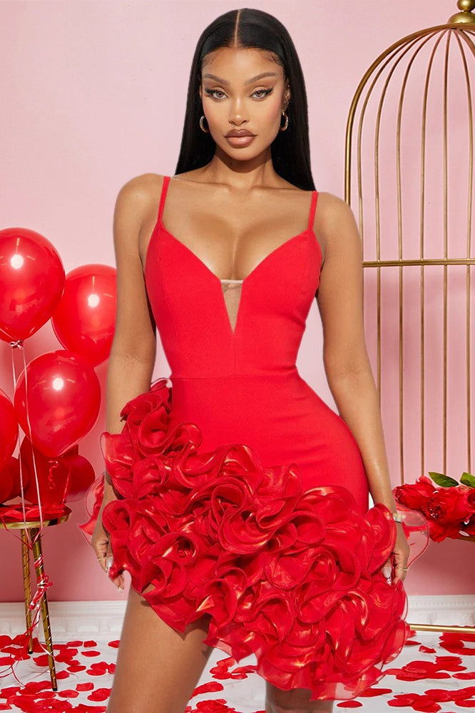 Sexy Solid Spaghetti Strap Ruffled Asymmetric Mini Dress