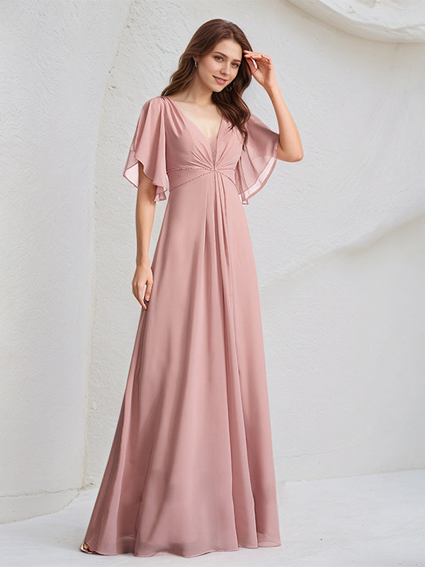 A-Line V-Neck Floor-Length Chiffon Bridesmaid Dress
