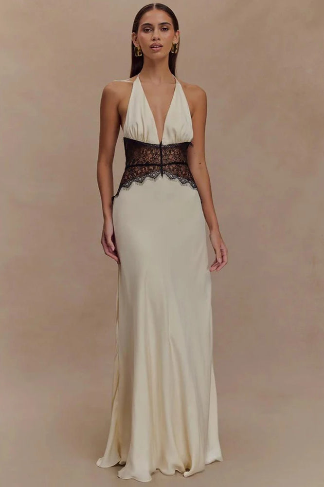 Lace Patchwork Backless Dress with Relaxed Fit and Streetwear Style