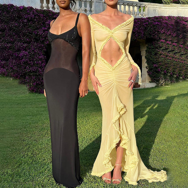 2024 Spring Solid Color Long Sleeve Mesh See Through Low Cut Sexy Floor Tassel Evening Dress - View 4 | VelvetHem