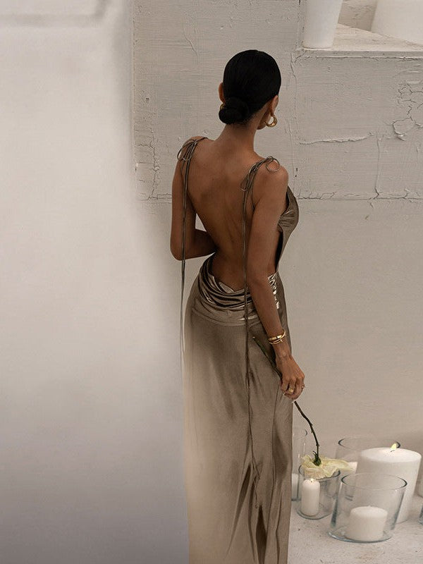 Metallic Coated Deep Neck Backless Evening Dress - View 11 | VelvetHem