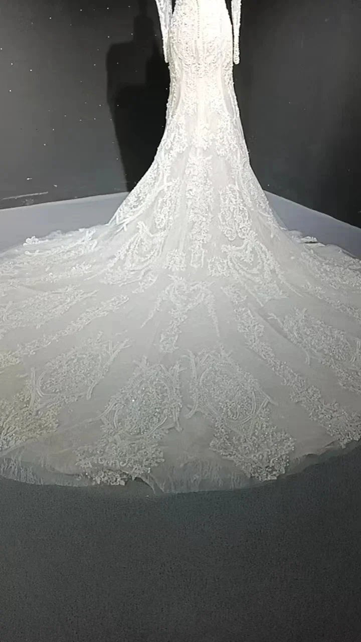 V-neck long sleeved luxurious nail bead trailing bridal veil (ZD16770)