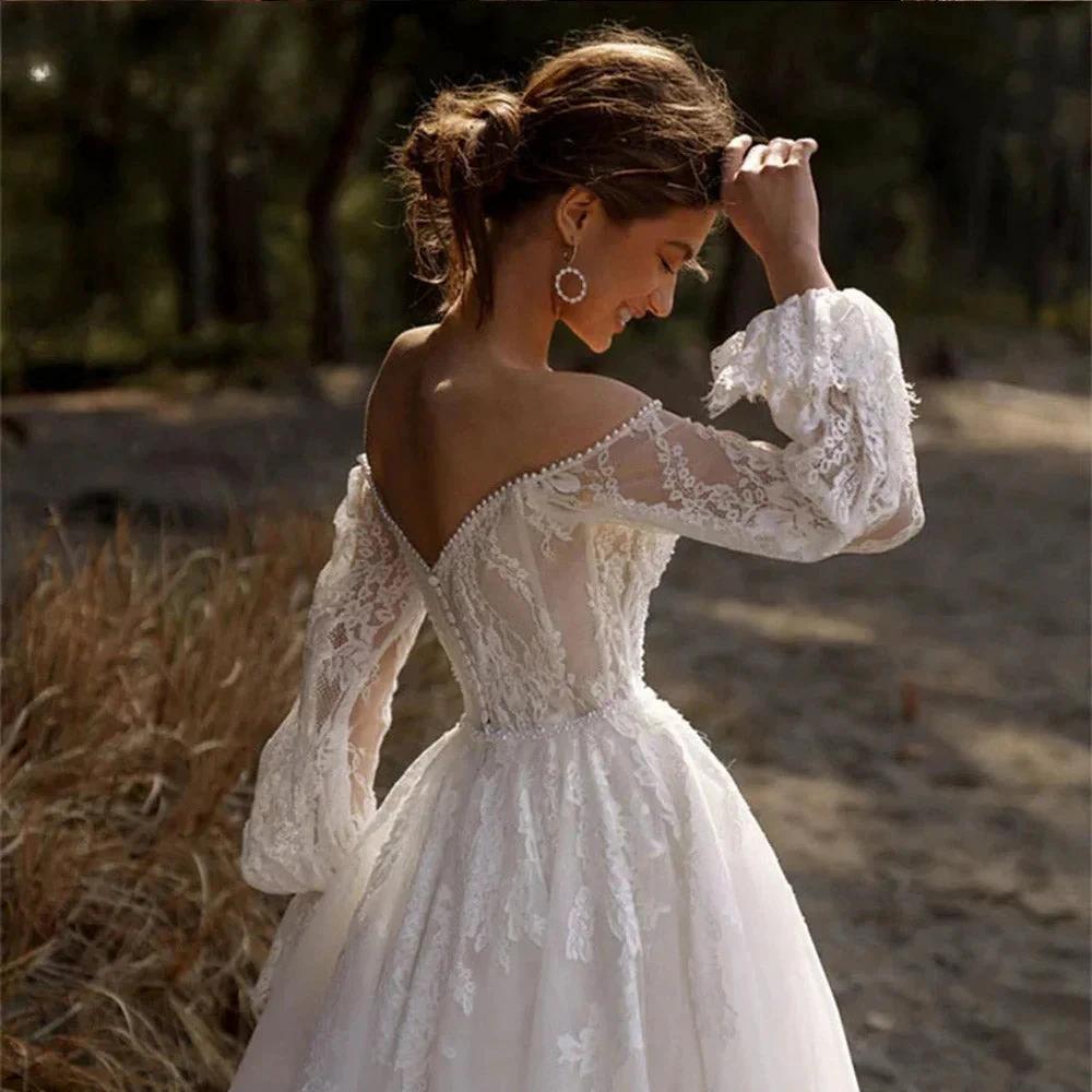 Off The Shoulder Wedding Dress Lace Applique Sweetheart Bridal Gown Puff Long Sleeves Vestido De Novia (ZD13498)
