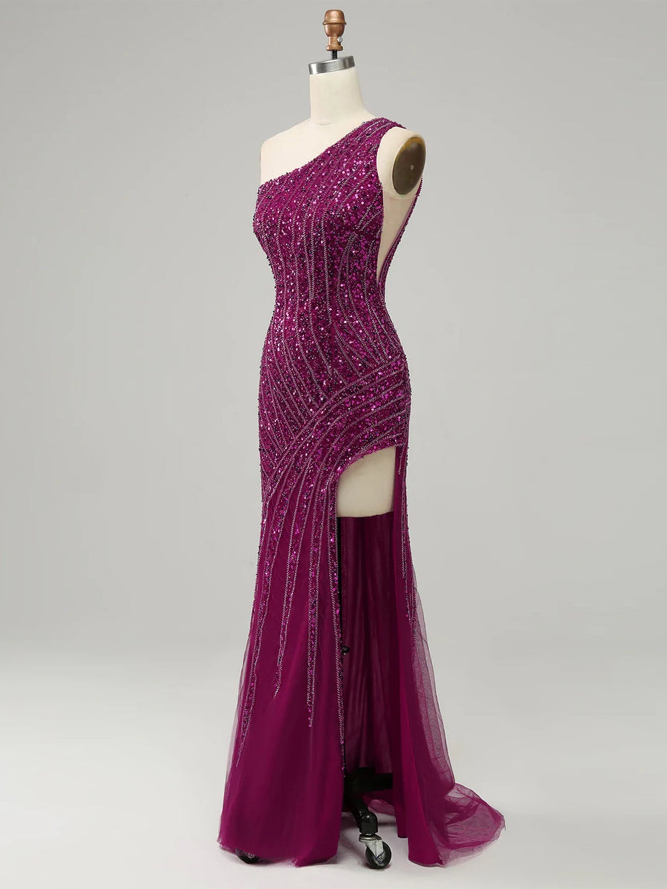 Sparkly Mermaid Purple One Shoulder Long Prom Dress with Slit - Fashionpara