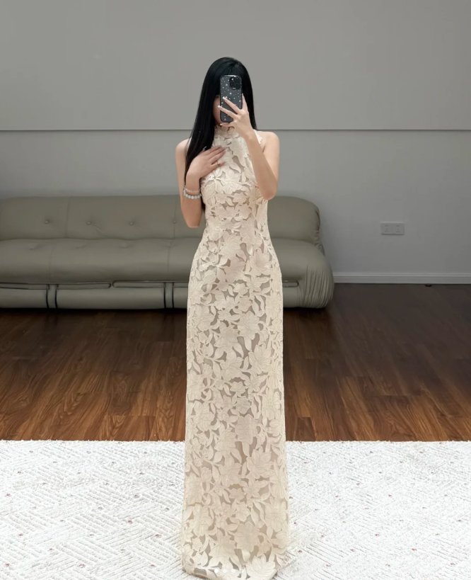 Halter Neck Lace Prom Party Dress Evening Dress Classy Birthday Outfit