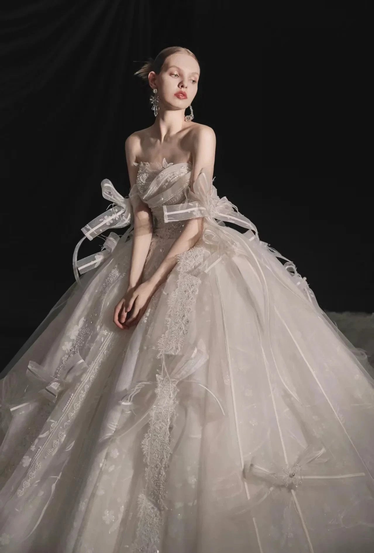 Romantic Strapless Ball Gown Tulle Ribbon Embellished Lace Wedding Dress with Voluminous Skirt (ZD16901)