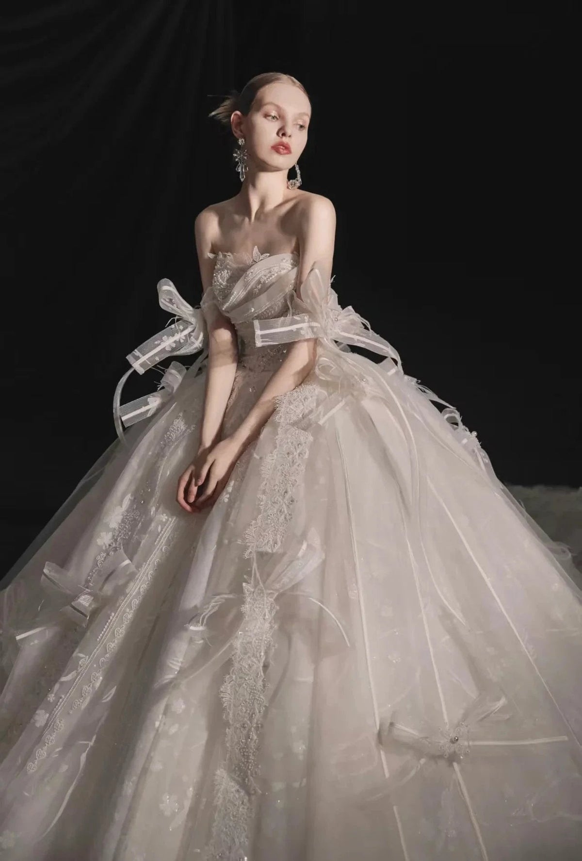 Romantic Strapless Ball Gown Tulle Ribbon Embellished Lace Wedding Dress with Voluminous Skirt (ZD16901) - View 4 | VelvetHem