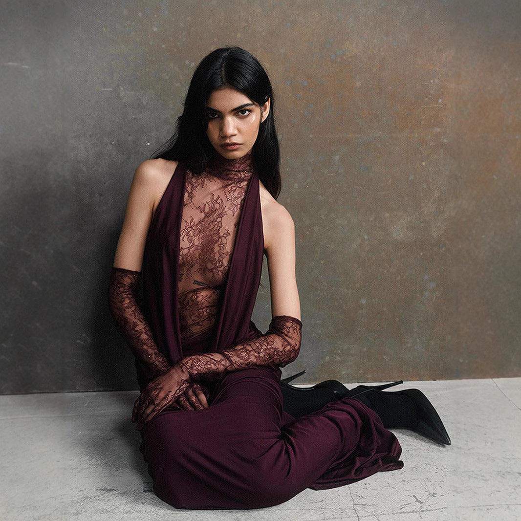 Lace Patchwork Deep V Ruched Prom Dress - VelvetHem