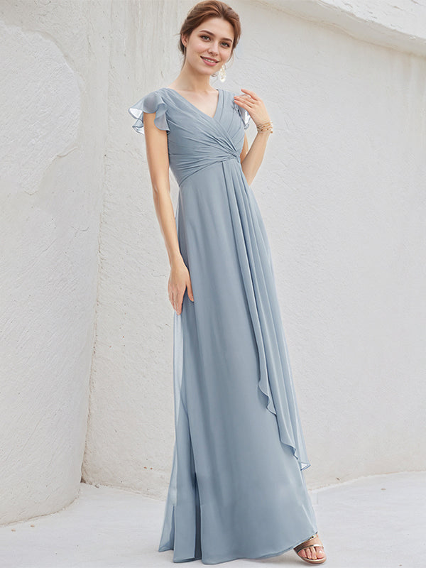 Dusty Blue A-Line V-Neck Floor-Length Chiffon Bridesmaid Dress With Ruffle