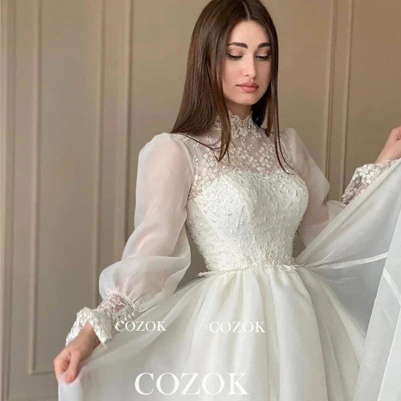 Organza A Line Appliques Lace Wedding Dress Puff Long Sleeves High Neck Bridal Gowns Robe De Mariage Custom (ZD13469)