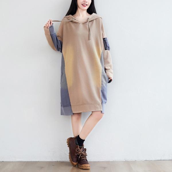 Patchwork Hooded Dress Ladies Plus Size Irregular Length Hooded Dresses