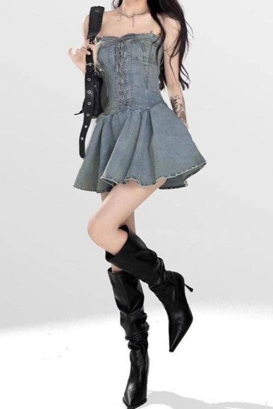 Lace Up Strapless Denim Dress - View 2 | VelvetHem