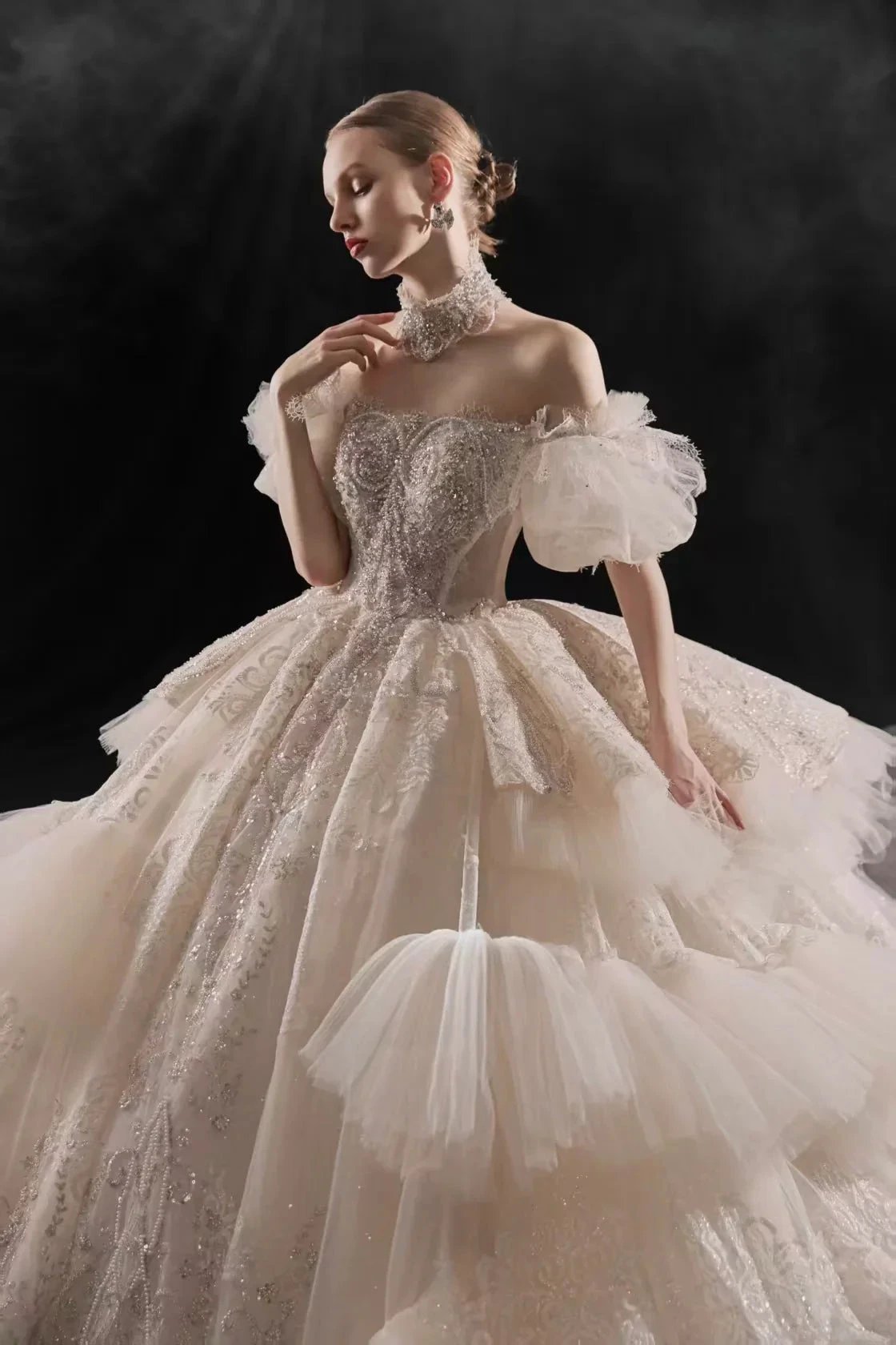 Opulent Off-the-Shoulder Ball Gown Tulle Puff Sleeve Beaded Lace Wedding Dress with Layered Ruffled Train & Choker (ZD16899)