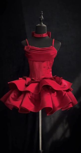 Red Ball Gown Spaghetti Straps Satin Tiered Short Homecoming Dress 17th Birthday Outfits