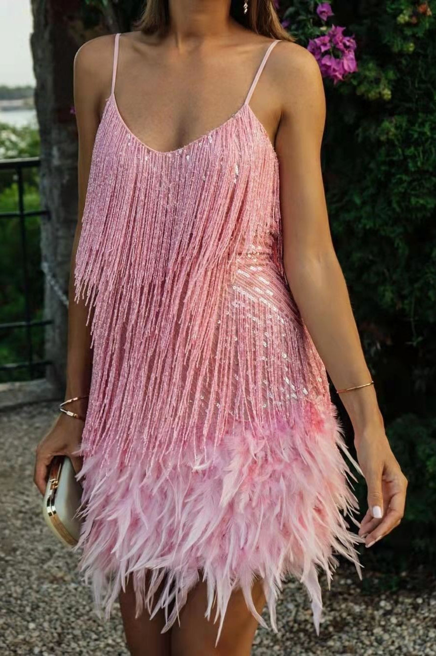 Fringe Feather Sequin Panel Party Mini Sequin Dress - View 2 | VelvetHem