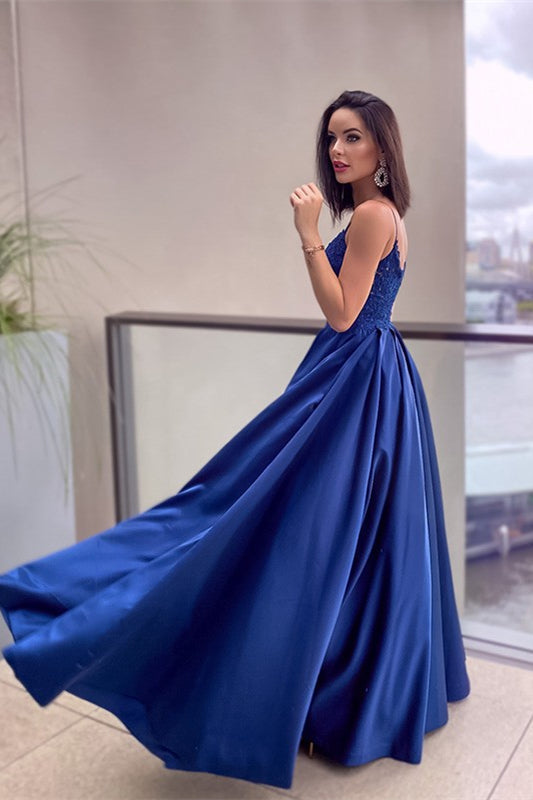 Regal Blue Spaghetti Straps Lace Applique Prom Dress with Elegant Pockets - View 3 | VelvetHem