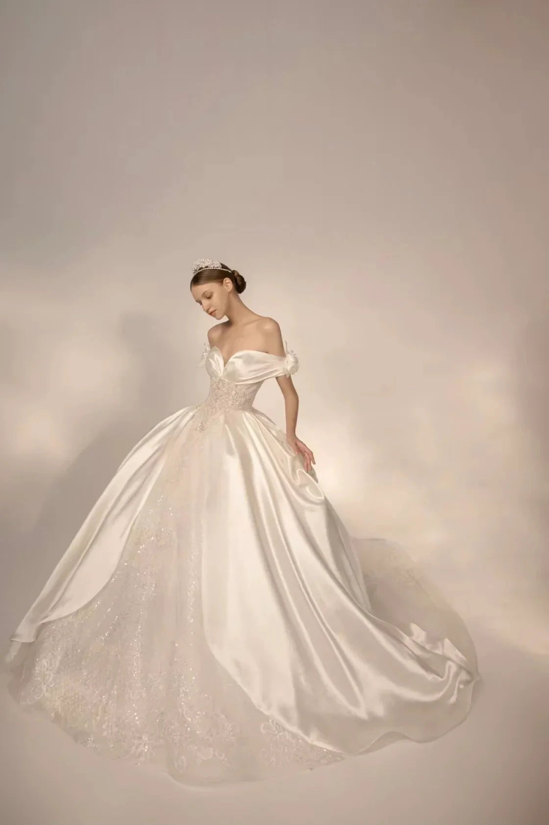 Opulent Ball Gown Off-the-Shoulder Satin Wedding Dress with Sequin Embroidery & Dramatic Train Q6018 by ZAPDRESS